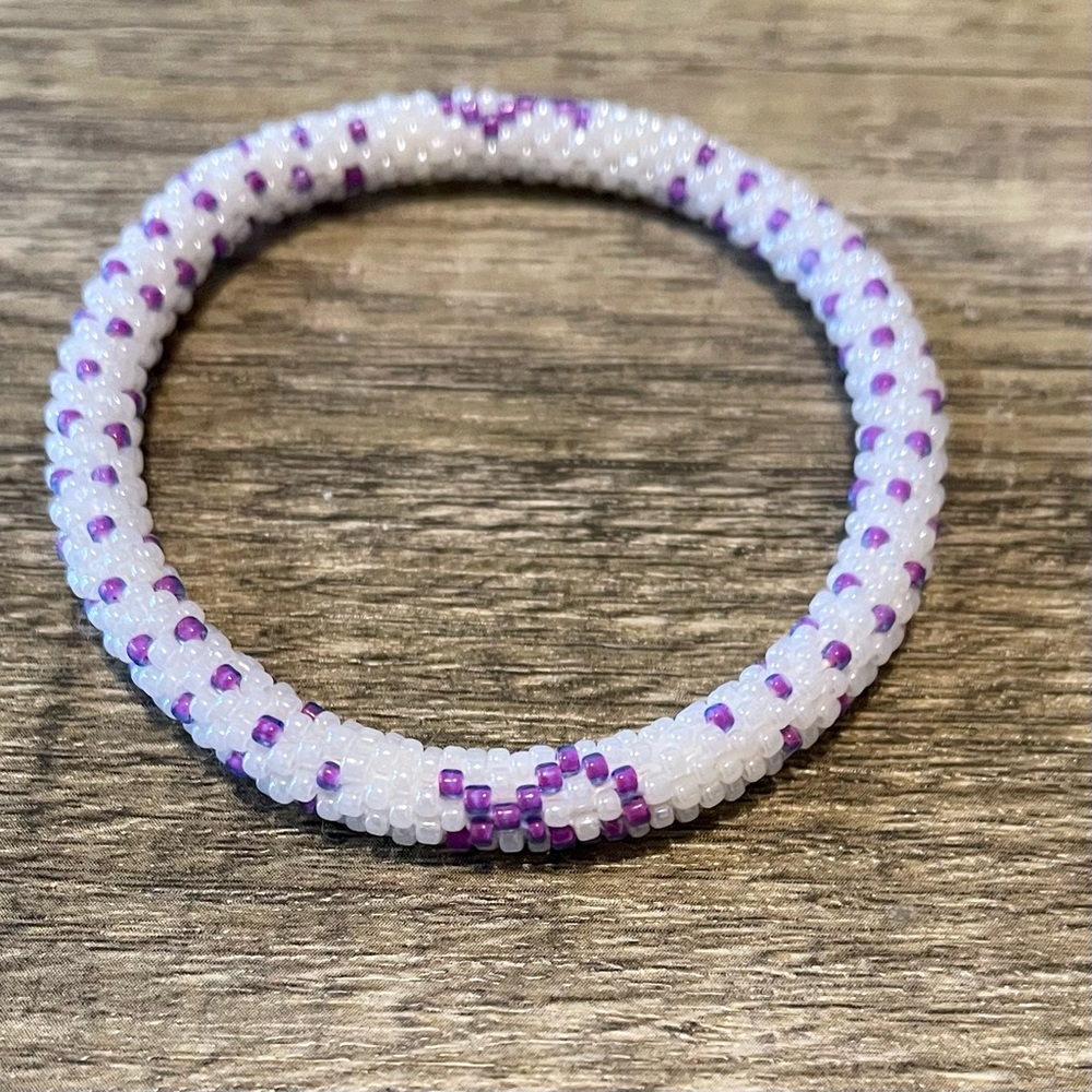 Sashka Purple Ribbon Awareness Glass Beaded Bracelet Sz Large